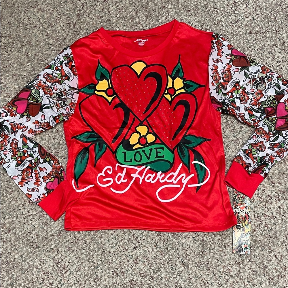Ed Hardy studed Red Love Graphic Long Sleeve tattoo sleeveTee